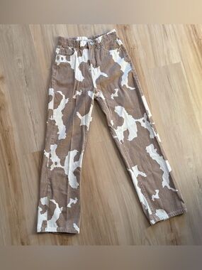 12th Tribe Brown Cow Print Straight Leg Pants Size Small